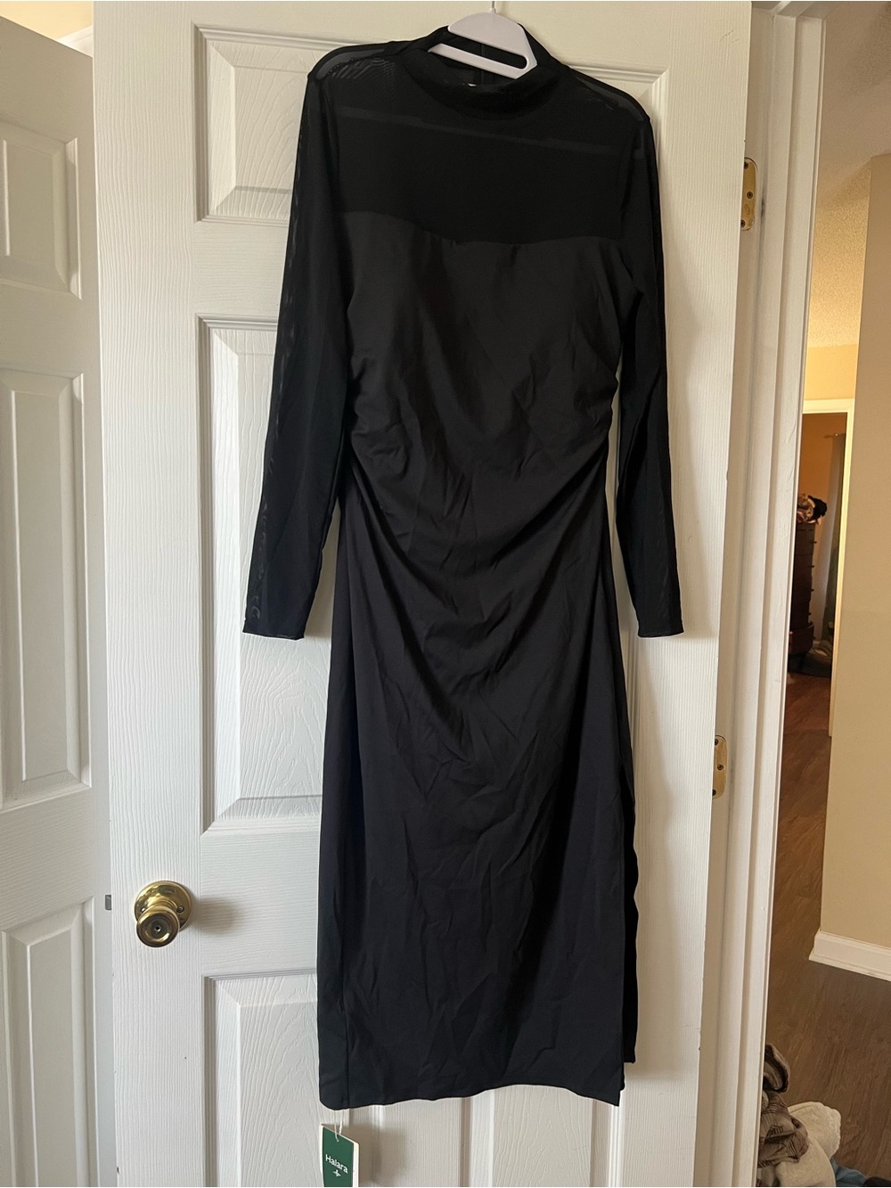 HALARA Black Long Sleeve Midi Dress with Sheer Yoke